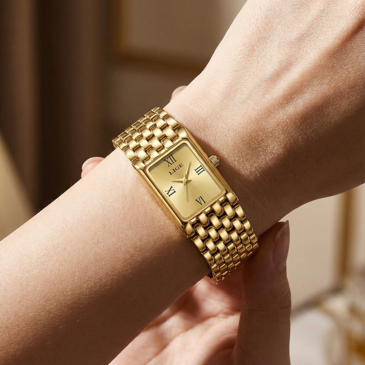 Damen Armbanduhr Rechteckig Gold