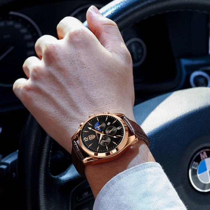 Herren Kleiduhr mit Lederarmband